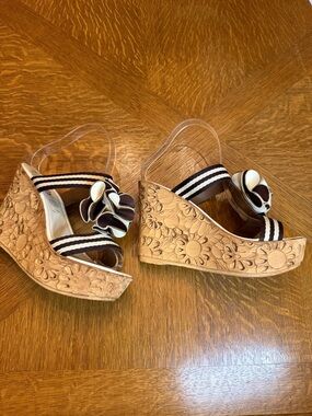 Striped Brown & Cream Floral-Accent Wedge Sandals - Women